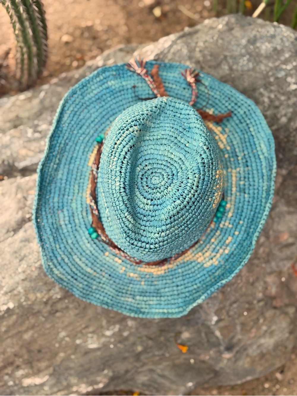 WALLAROO Handwoven Teal Straw Sun Hat with Beaded Trim - Picture 3 of 13